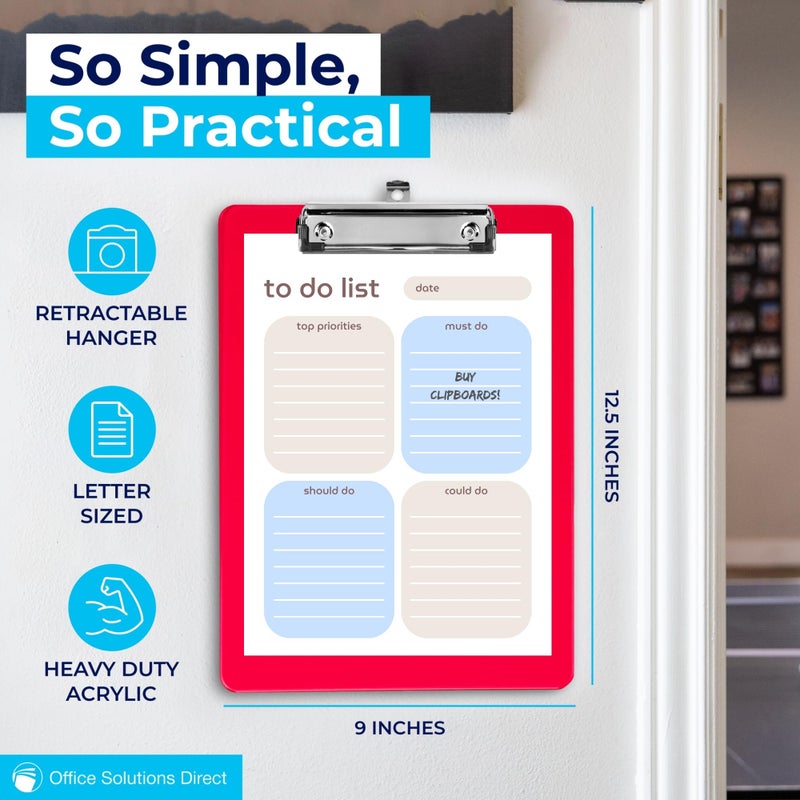 Office Solutions Direct Plastic Clipboards (Set of 6) Multi Pack Clipboard (Red) Strong 12.5 x 9 Inch | Holds 100 Sheets! Acrylic Clipboards with Low Profile Clip | Cute Aesthetic College School Supplies for Girls and Boys - Image 2